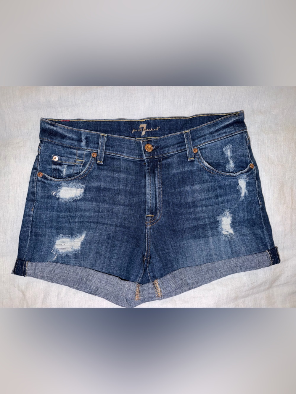 7 For All Mankind Cuffed Distressed Dark Blue Denim Shorts (Never Worn!)